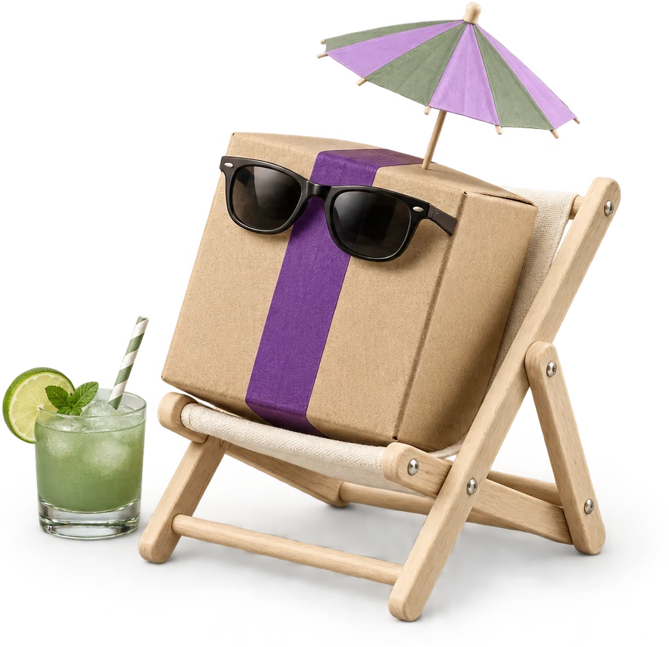 Een Revize-pakketje ligt met zonnebril en drankje in een strandstoel, want de bestelling is al geregeld.