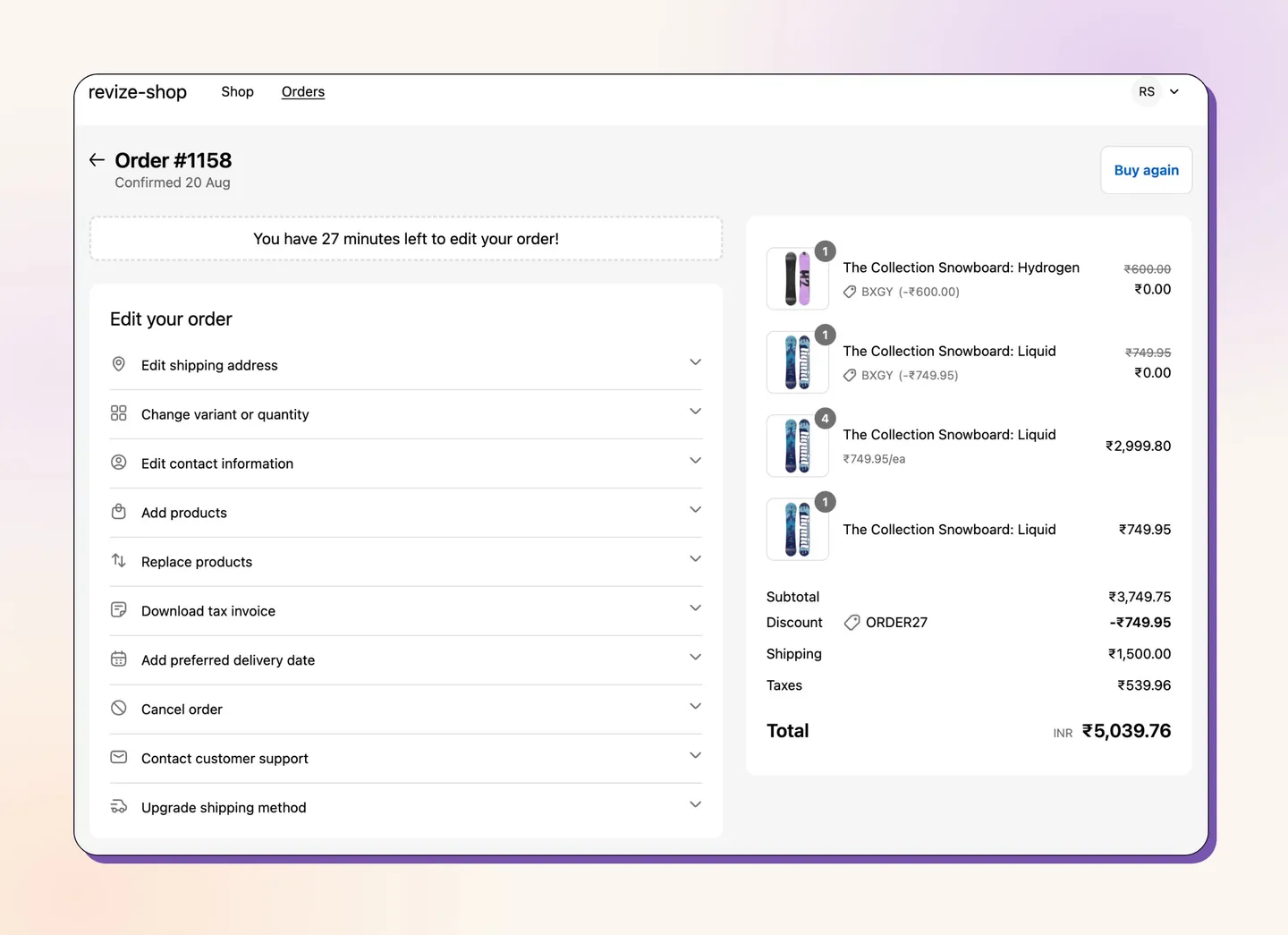 Revize customer editing portal on the Shopify order status page