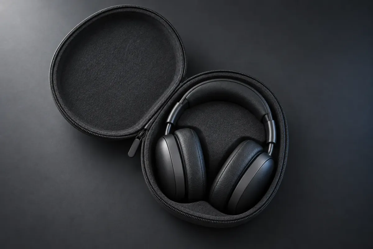The open graphite travel case with the Arc One headphones nested inside