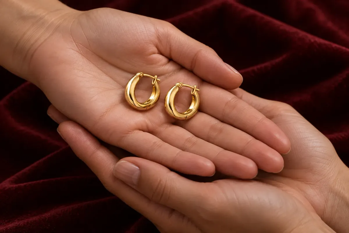 One hand offering a pair of gold hoops, a second hand beneath it