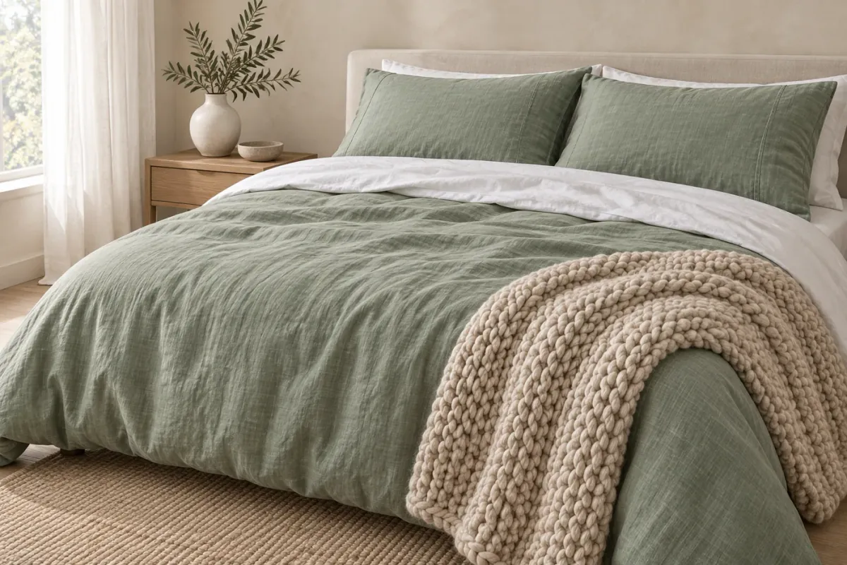 A bed made with the sage linen duvet cover, sage pillowcases, a white flat sheet turned back and an oatmeal knit throw