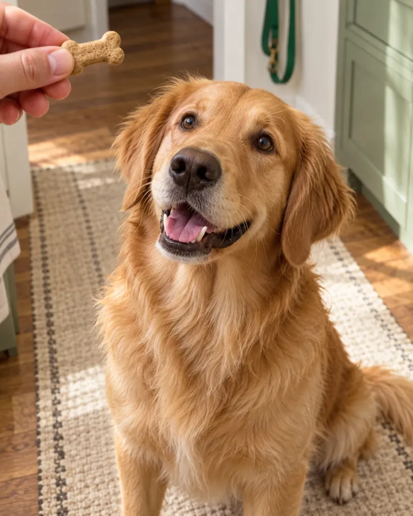 A golden retriever looking up at a bone-shaped biscuit