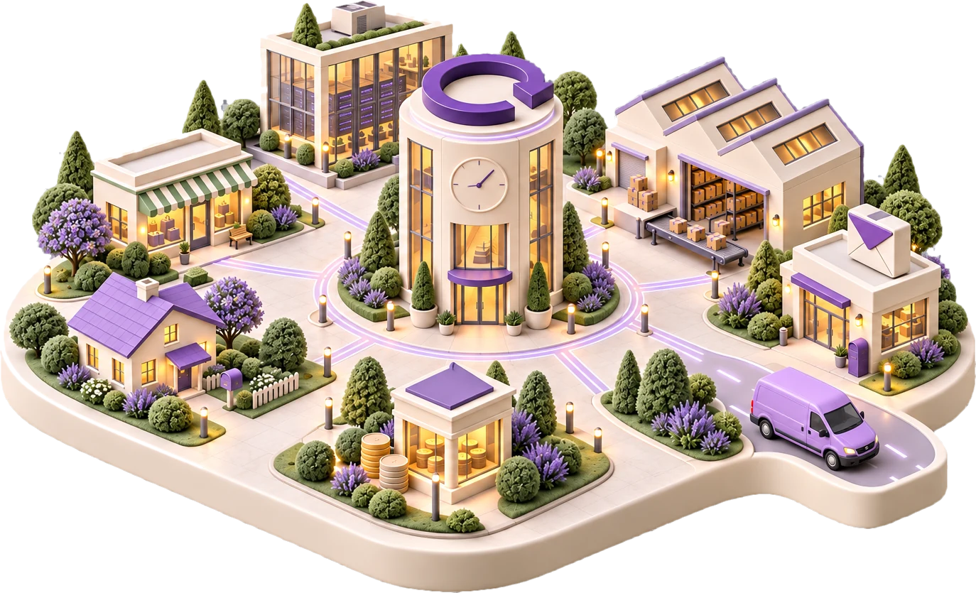 Una ciudad Revize en miniatura: la casa de un cliente, la torre de Revize con un reloj y un emblema morado de flecha circular en el centro, una tienda Shopify, una oficina de ERP, un almacén con una cinta transportadora, una oficina de correos para el correo electrónico, un banco para los pagos y una furgoneta de reparto, todos unidos por caminos luminosos.