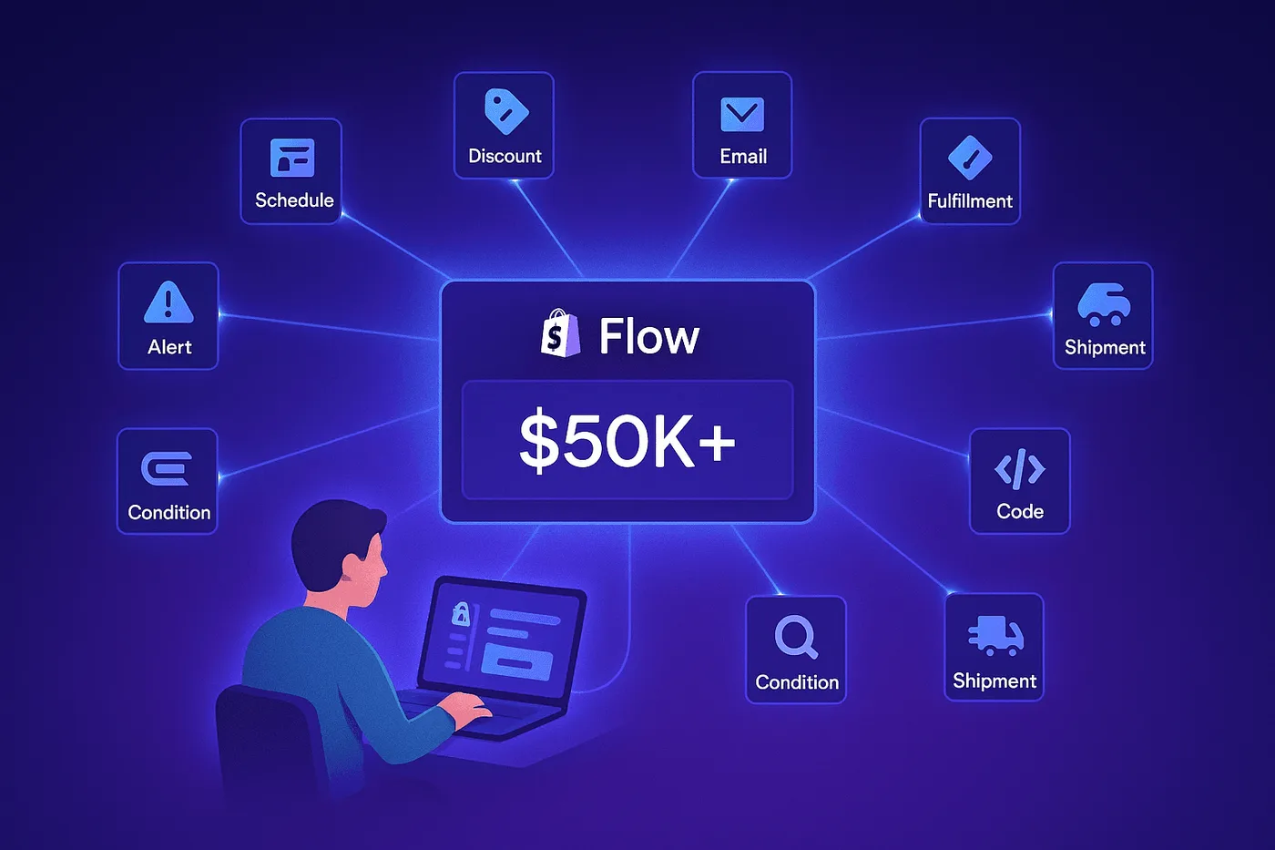 Ilustración panorámica con el panel de Shopify Flow en el centro y una cifra de ingresos de más de $50K, rodeado de diez tarjetas de flujos de trabajo conectadas como una constelación, en degradados morados y azules.