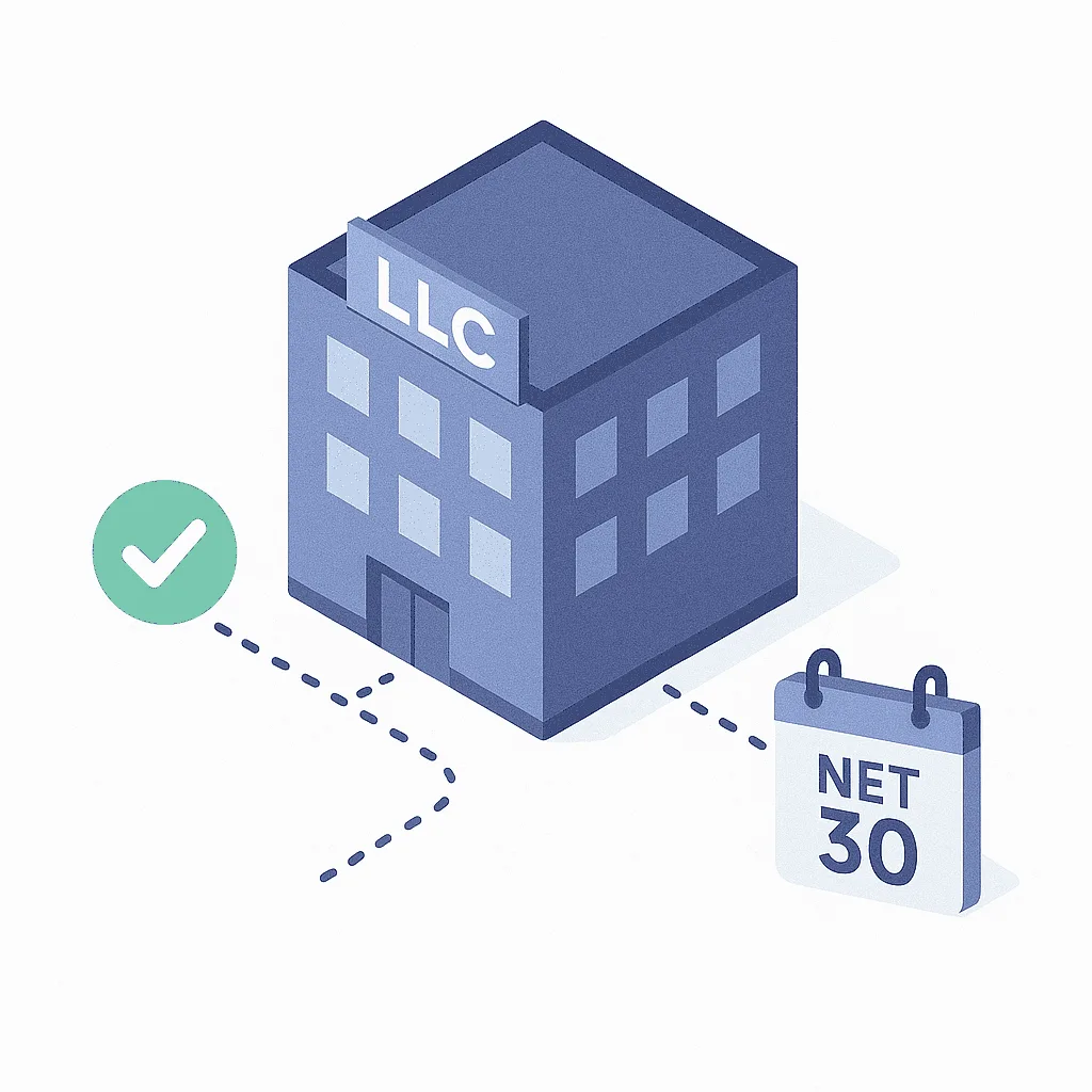 Edificio de oficinas azul en vista isométrica con las letras «LLC», conectado mediante líneas punteadas a una marca de verificación verde y un calendario que dice «Net 30», en tonos azules y verdes.