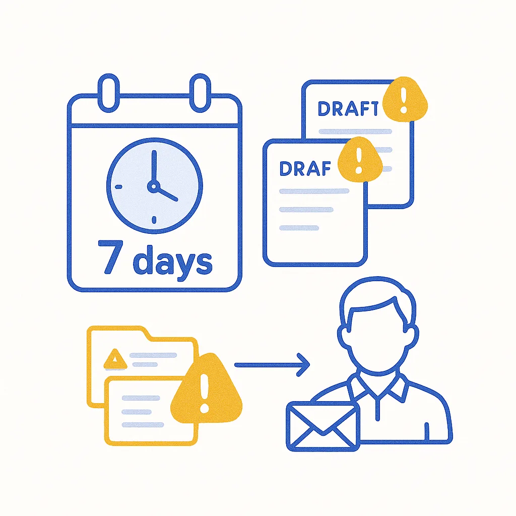 Ilustración sencilla de un calendario que marca «7 días», documentos de pedidos preliminares con iconos de alerta y un representante de ventas que recibe un recordatorio por correo, en tonos azules y amarillos.