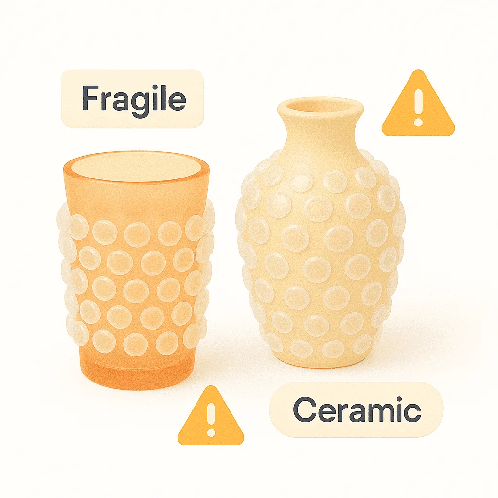 Ilustración en 3D de un vaso naranja y un jarrón de cerámica amarillo envueltos en plástico de burbujas, con triángulos de advertencia y etiquetas que dicen «Frágil» y «Cerámica».