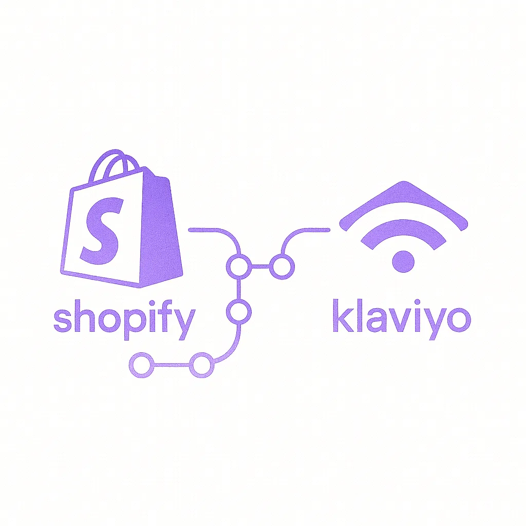 Ilustración minimalista de líneas moradas que muestra el flujo de datos desde el logotipo de Shopify hasta el de Klaviyo mediante nodos conectados, sobre fondo blanco.