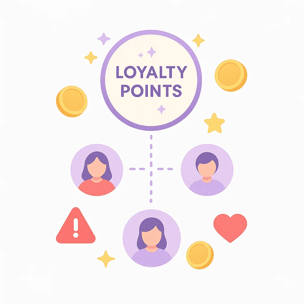 Ilustración de una insignia central de «Puntos de fidelidad» rodeada de avatares de clientes, iconos de advertencia y corazones, con monedas doradas y estrellas flotantes sobre fondo blanco.