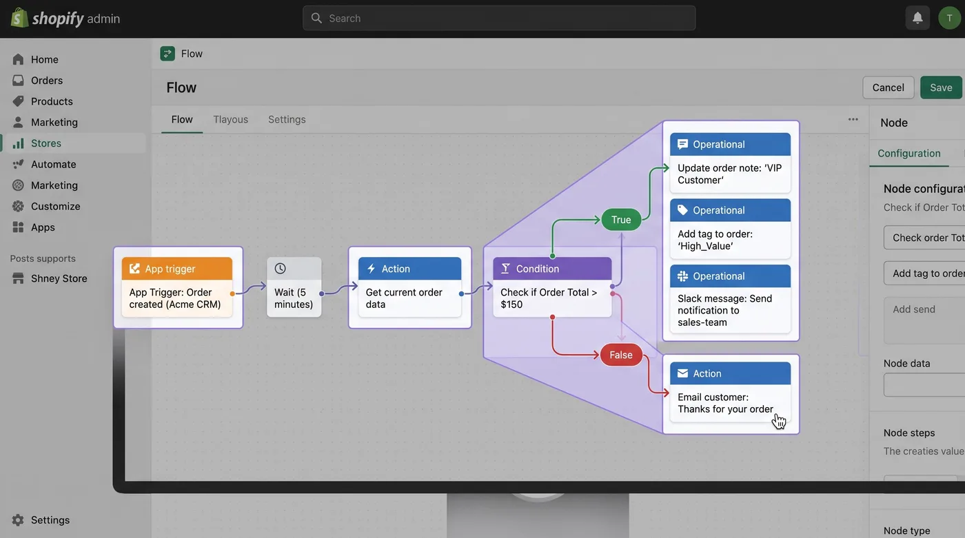 Flujo de Shopify Flow para editar pedidos en la tienda de un cliente