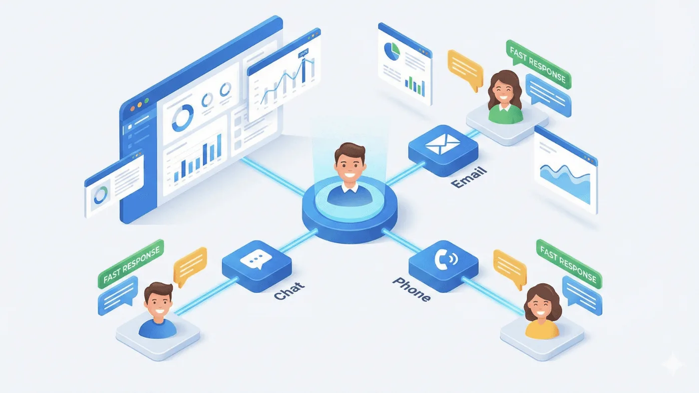 Un agente de atención al cliente está conectado a varios canales de comunicación, como chat, teléfono y correo electrónico. A su alrededor aparecen paneles con gráficos, análisis e interacciones rápidas con clientes que ilustran un flujo de atención omnicanal.