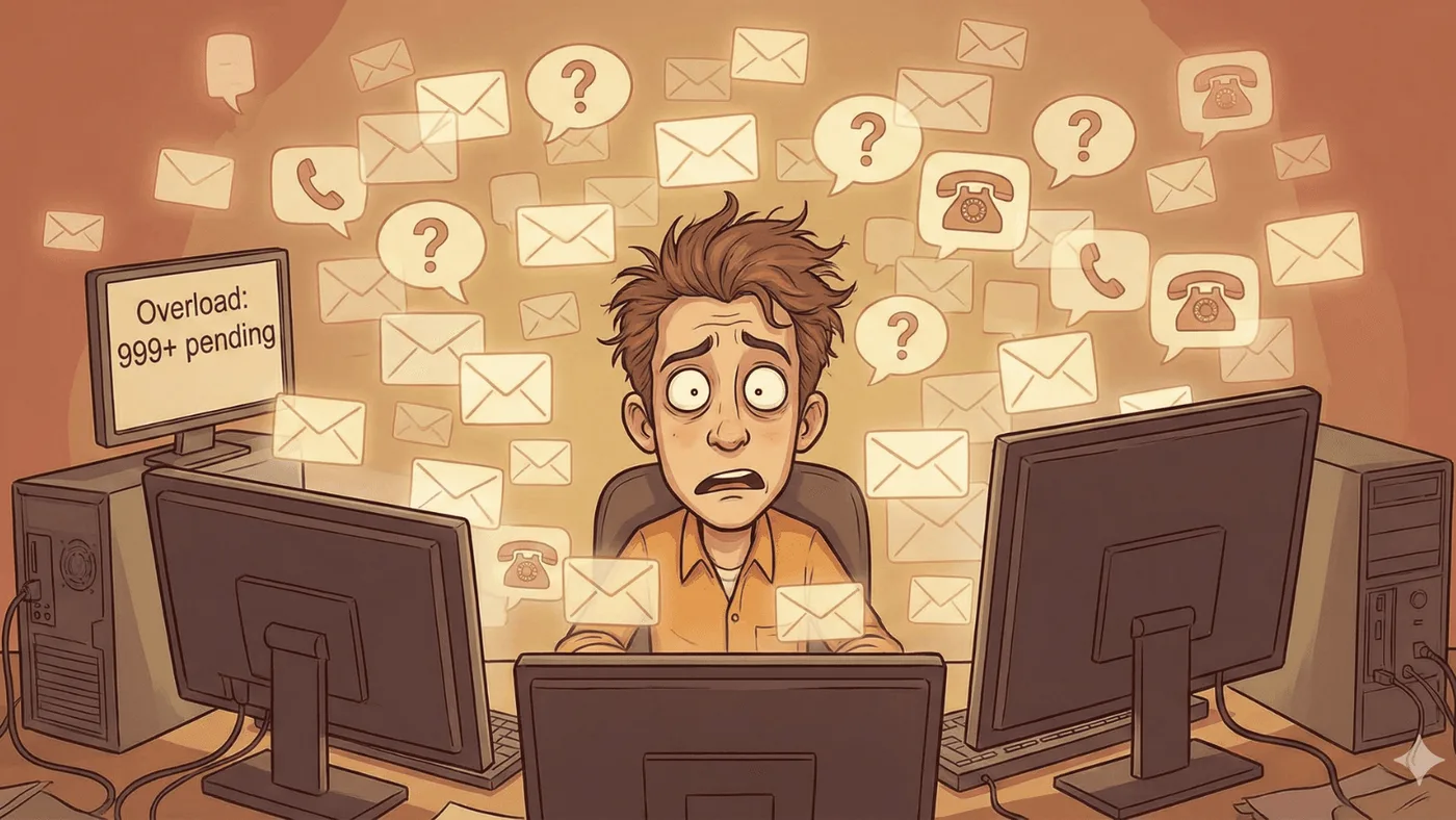 Una persona estresada trabaja entre dos monitores de computadora con expresión de pánico, rodeada de iconos de correos electrónicos, llamadas y signos de interrogación. Una pantalla muestra «Sobrecarga: más de 999 pendientes» para ilustrar la acumulación de solicitudes de atención al cliente.