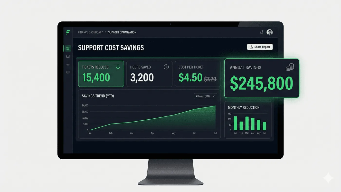 Panel de fondo oscuro con métricas de ahorro en atención al cliente: 45.200 tickets menos, 12.500 horas ahorradas, un costo por ticket de $4,50 frente a $7,50 y un ahorro anual total de $236.250.