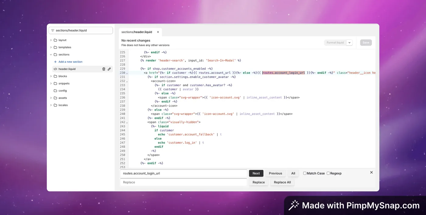 Shopify Liquid-Code-Editor mit angepasster Login-Weiterleitung in der Datei header.liquid