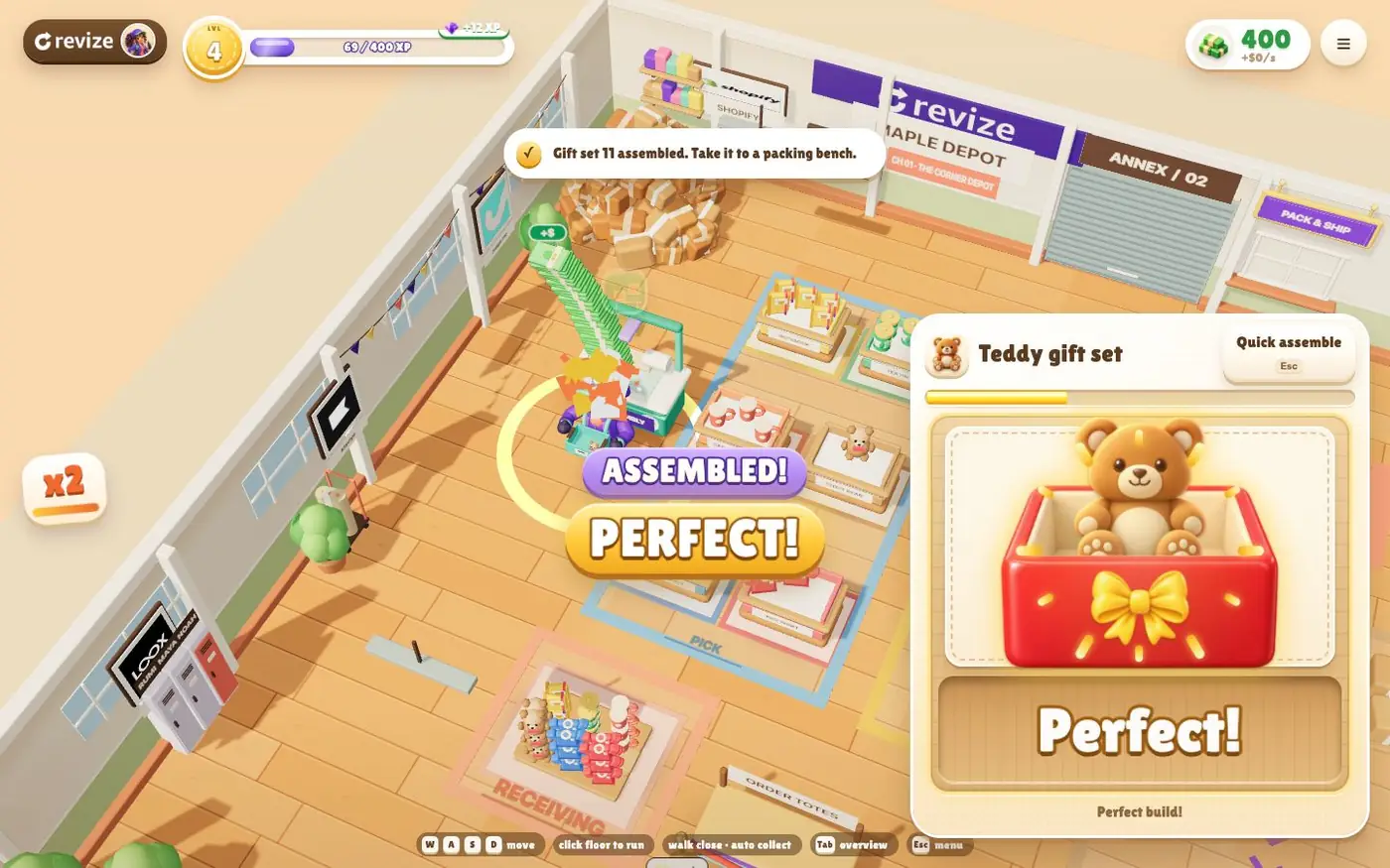 A completed teddy gift set in the Warehouse Rush kit assembly screen