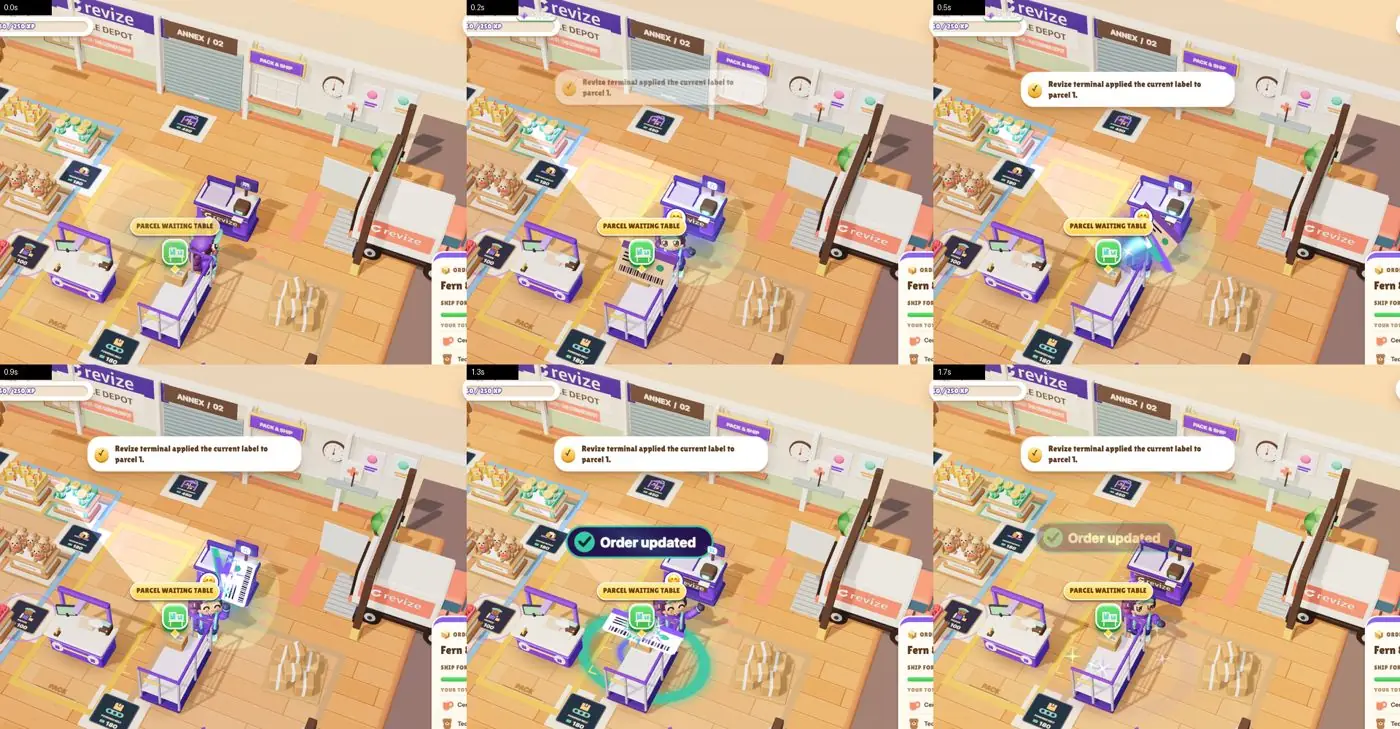 A Warehouse Rush screenshot sequence showing the correction terminal applying an updated parcel label