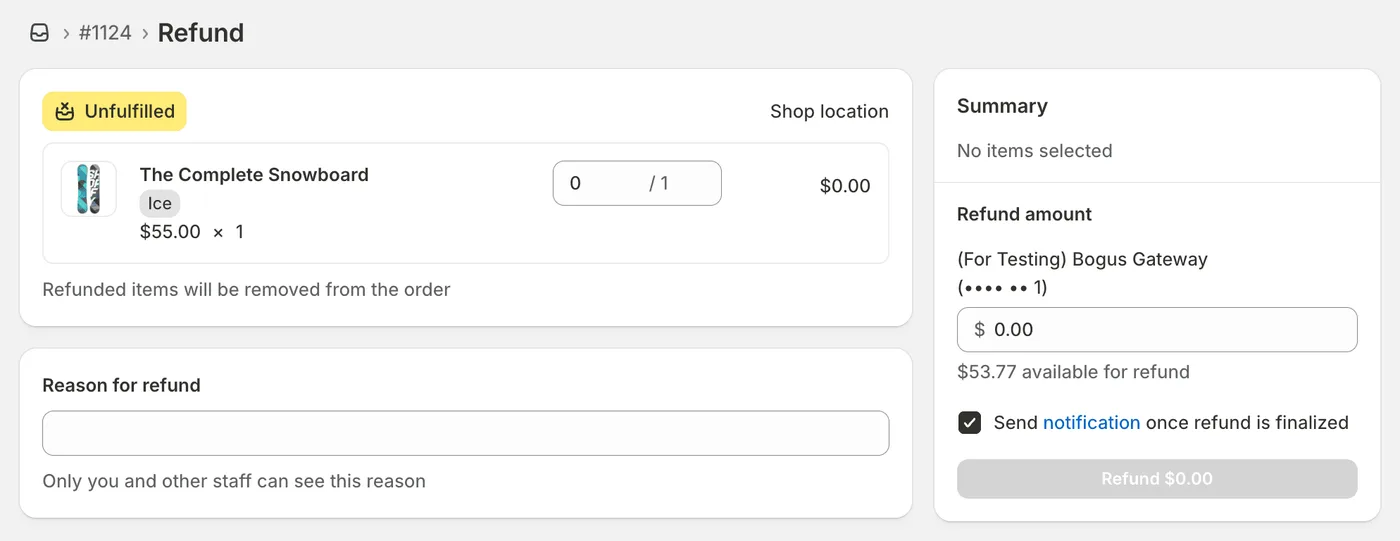 Rückerstattungsansicht im Shopify Admin für Bestellung #1124 mit einem noch nicht ausgeführten Snowboard-Artikel, einem Feld für den Rückerstattungsbetrag, einem Eingabefeld für den Grund und einer Übersicht des verfügbaren Rückerstattungsbetrags.