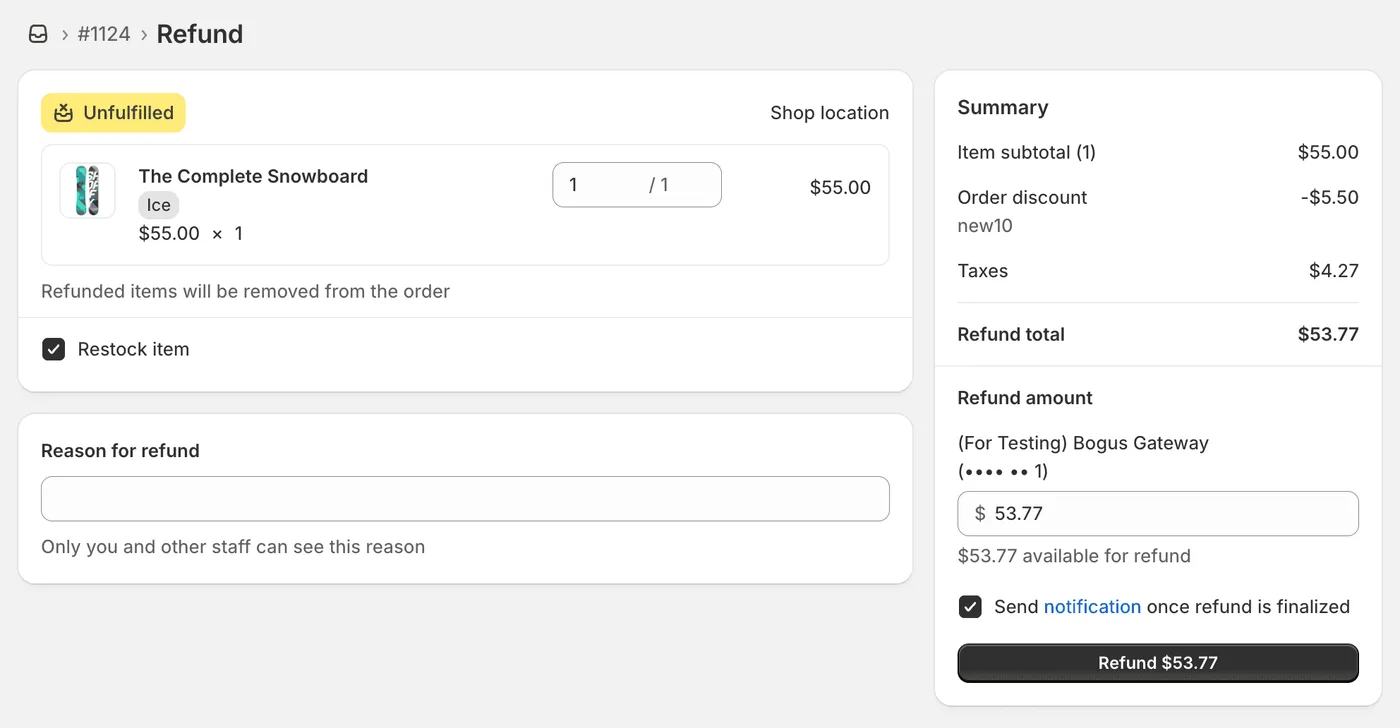 Rückerstattungsseite im Shopify Admin für Bestellung #1124 mit ausgewählter vollständiger Rückerstattung eines noch nicht ausgeführten Artikels, aktivierter Wiedereinlagerung und einem Rückerstattungsbetrag von $53,77.