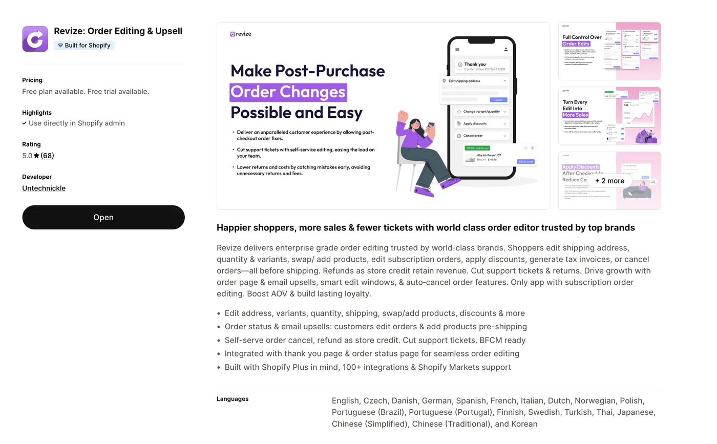 Revize Order Editing app Shopify App Store Install page