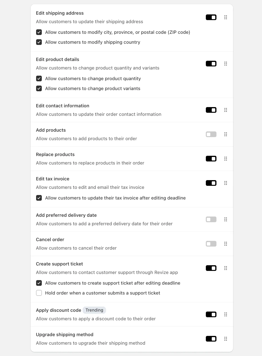 Revize Order Editing App interface to choose what order editing options to enable