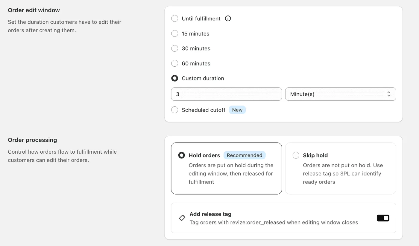 Revize Order Editing App interface to choose the order edit window