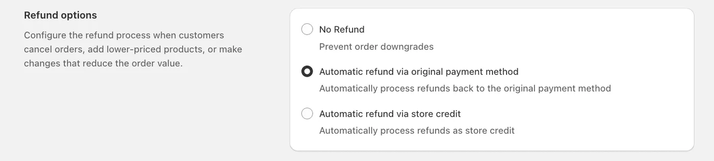 Revize Order Editing App interface to choose the refund type