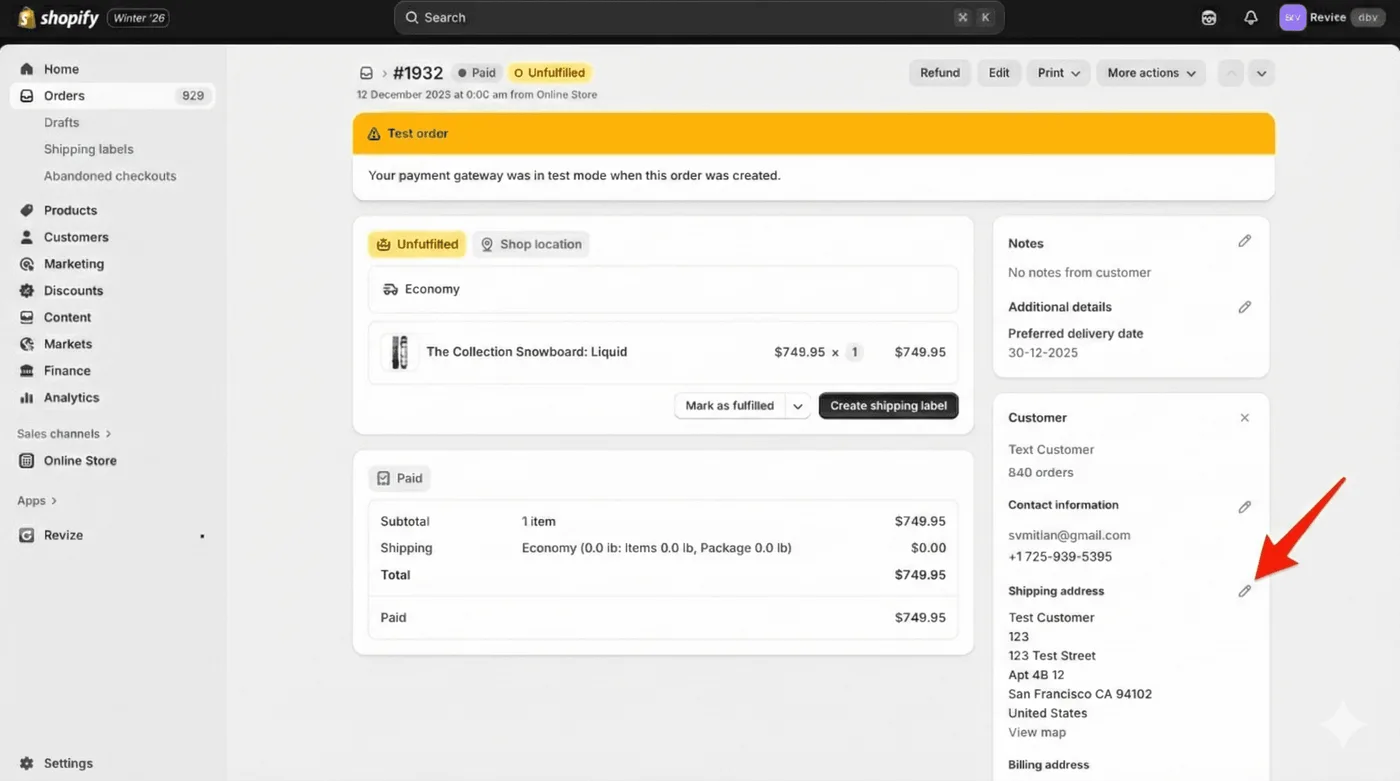 Página de detalles de un pedido de Shopify sin preparar. Una flecha roja señala el icono de edición junto a la dirección de envío para indicar dónde se puede cambiar.