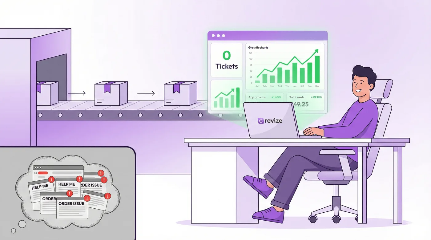 Ilustración de un comerciante relajado que usa Revize para gestionar pedidos y consulta un panel con «0 consultas» mientras los paquetes se envían sin problemas. Una viñeta muestra, en contraste, una bandeja de entrada caótica.