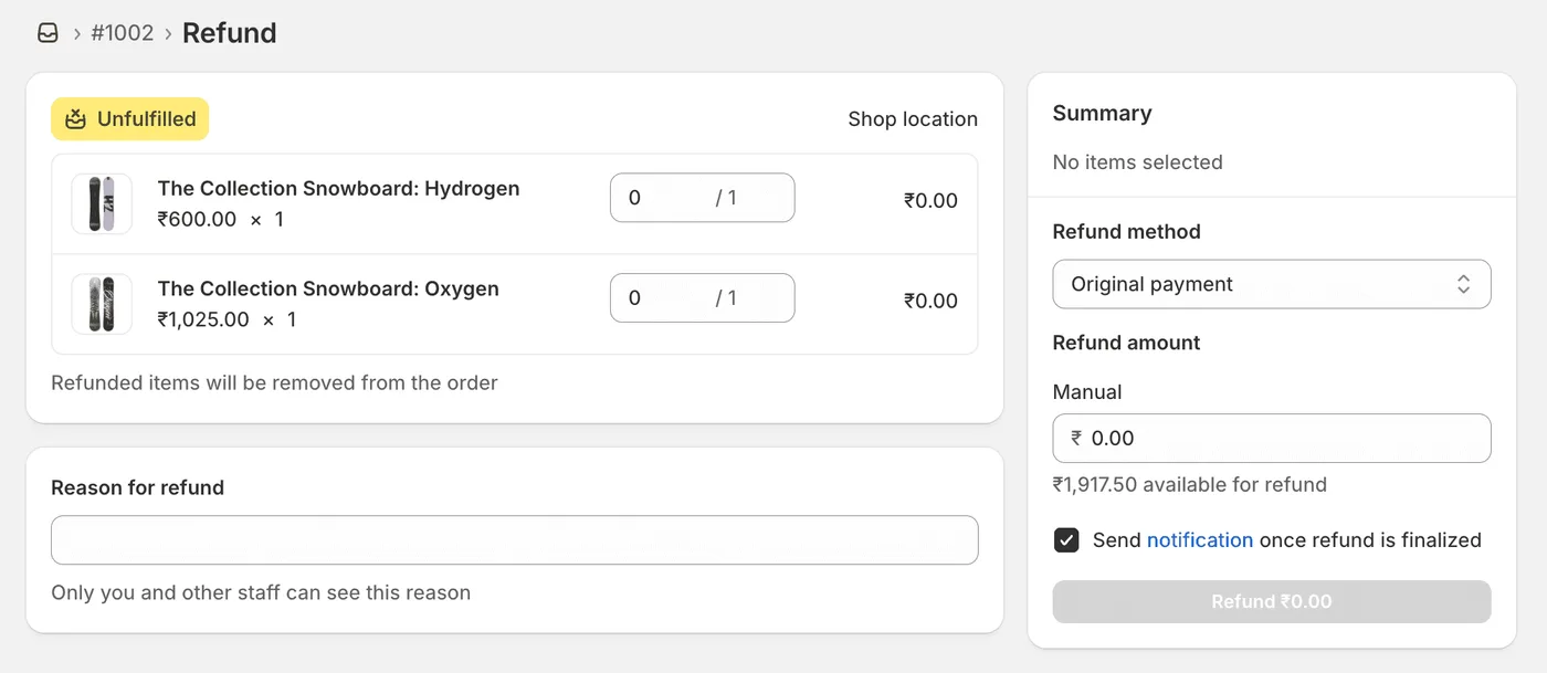 返金する注文を選択するShopify Adminの注文管理画面