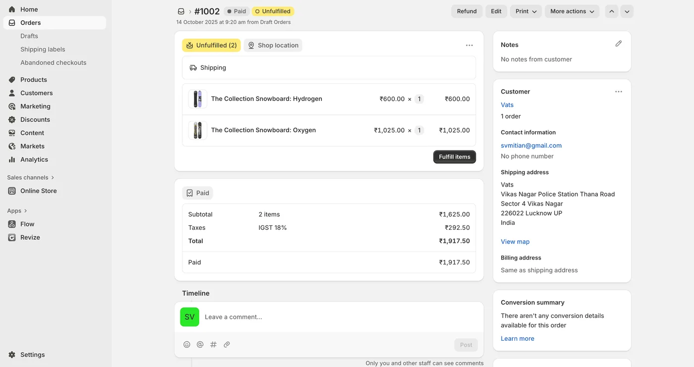 Shopifyの注文管理画面。注文番号#1002は支払い済み、未フルフィルメントで、スノーボード商品2点の合計は₹1,917.50。インド・ラクナウの顧客の配送先情報も表示されている。