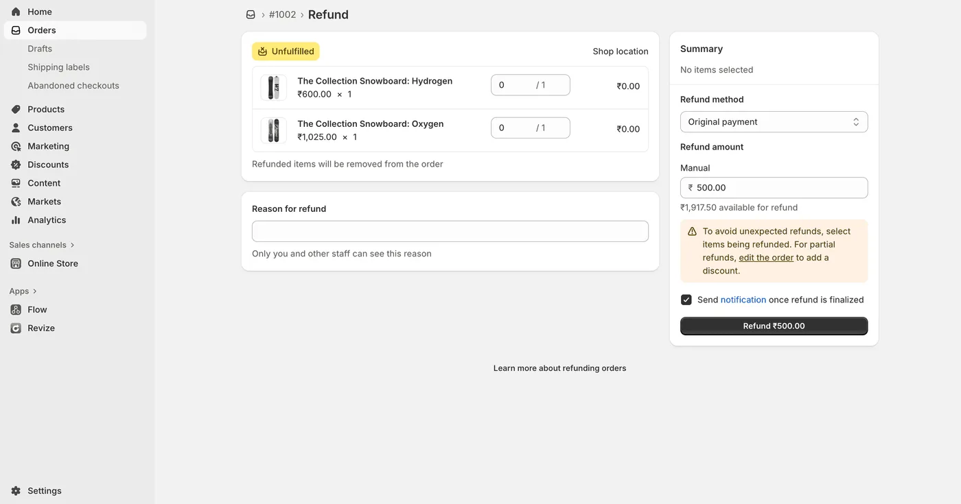 Shopifyの注文管理画面にある返金セクション
