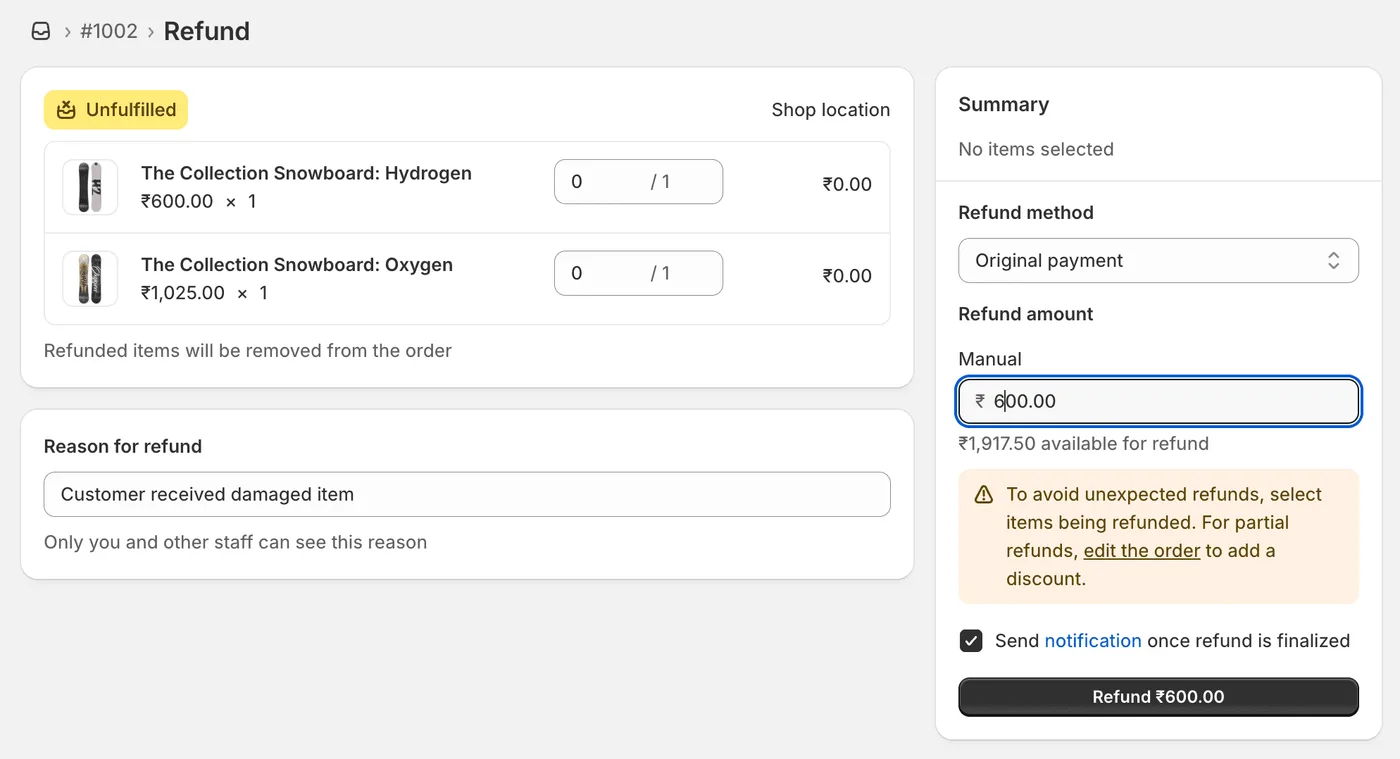 Shopifyの注文管理画面にある返金セクション