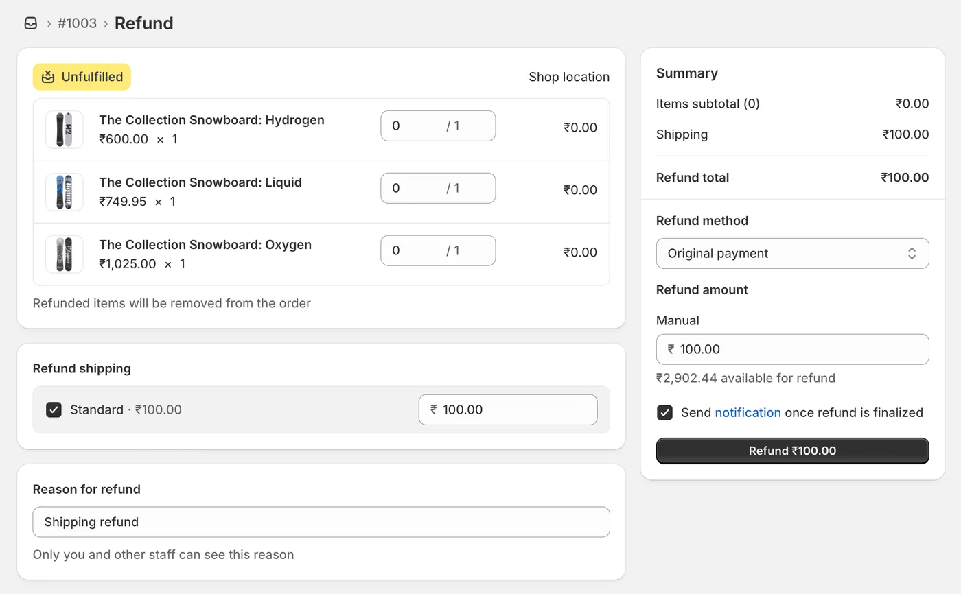 Shopifyの注文管理画面にある返金セクション