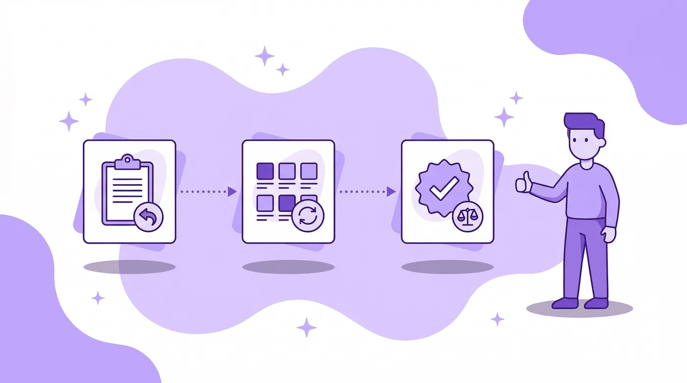 Paarse illustratie van een Shopify-ruilproces in drie stappen, van het aanmaken van de retour tot de bevestigde ruil.