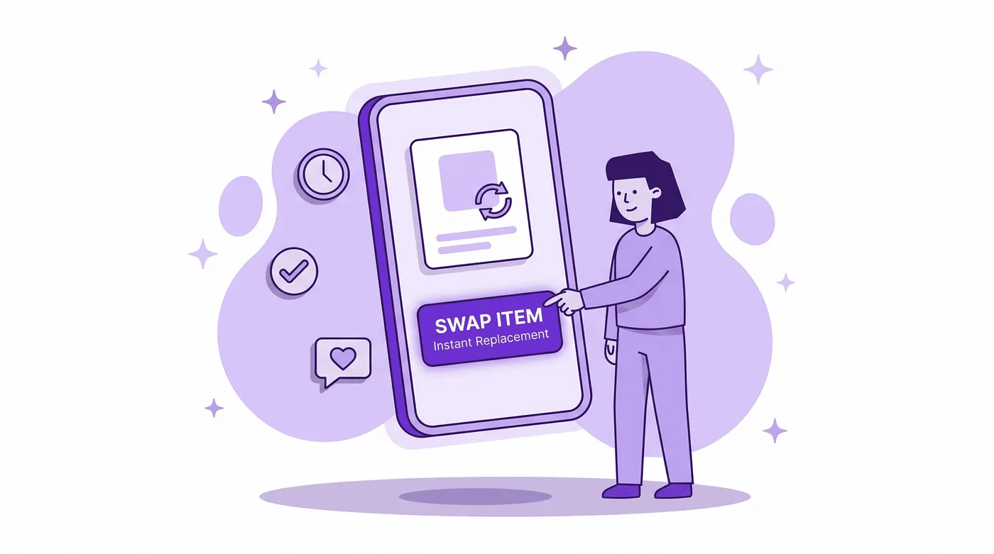 Illustratie van een klant die op een telefoon op Swap Item Instant Replacement tikt om een product te ruilen zonder contact op te nemen met support.