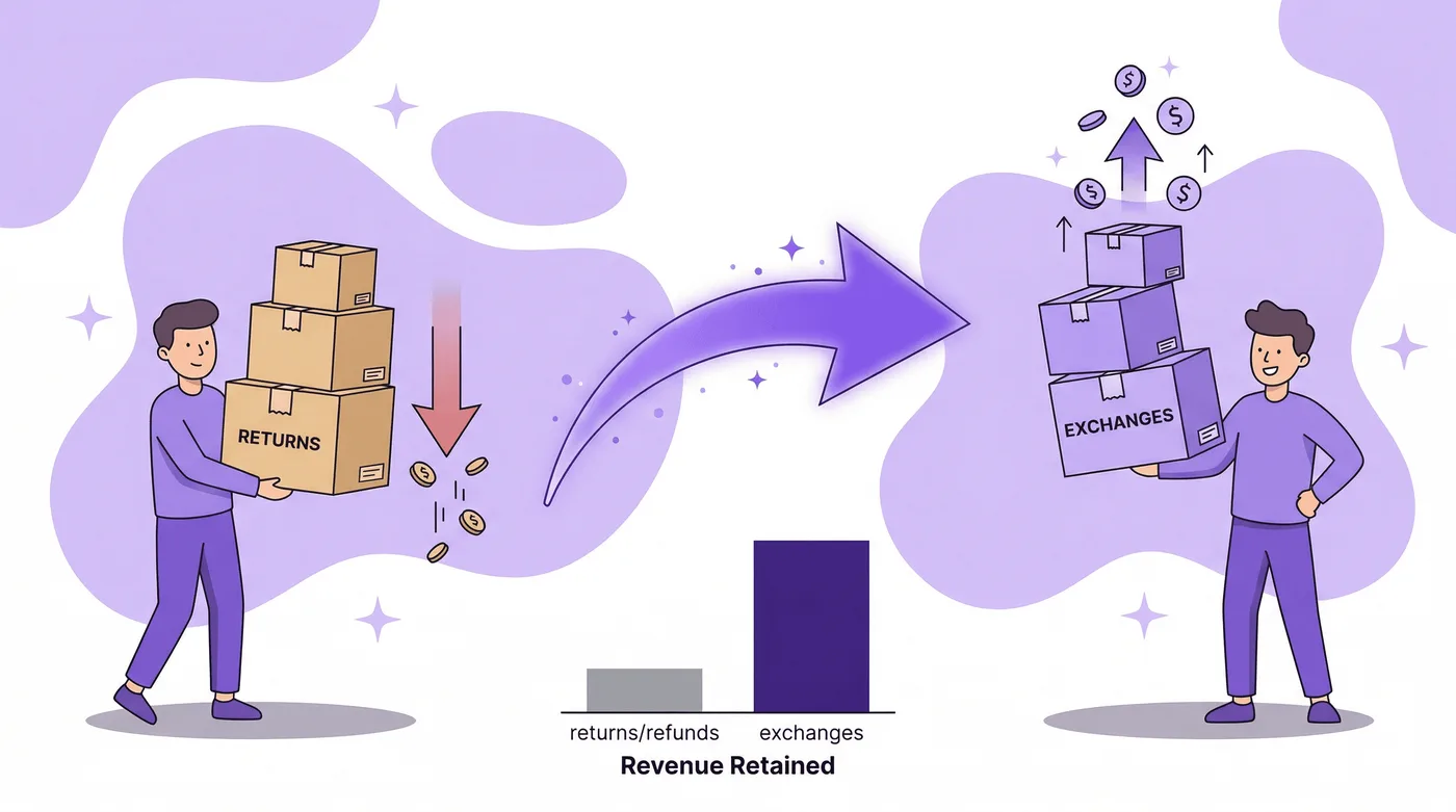 Illustratie die retouren met ruilingen vergelijkt, met een staafdiagram dat laat zien dat ruilingen veel meer omzet behouden dan terugbetalingen.