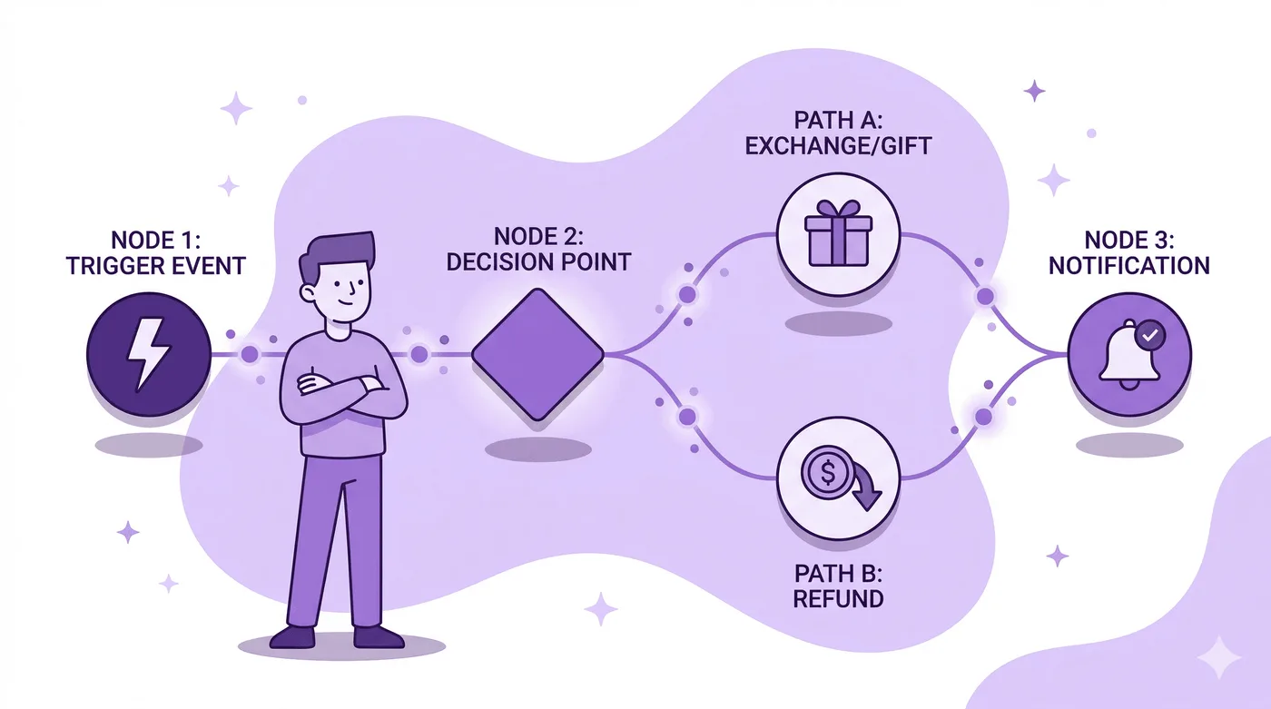 Stroomdiagram van een Shopify Flow: een trigger, een beslissing en daarna een route voor ruilen of een cadeau tegenover een route voor terugbetalen, eindigend met een melding.