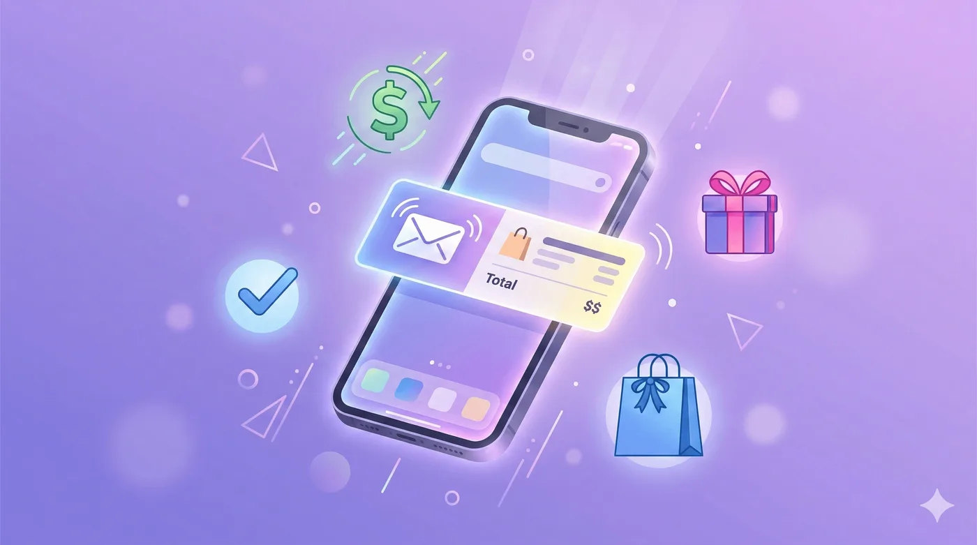 Ilustración limpia y moderna de una notificación de correo flotante en la pantalla de un teléfono móvil, rodeada de pequeños iconos de una bolsa de compras, una marca de verificación, un símbolo de dólar y una caja de regalo. En el correo se distingue un resumen sutil del pedido. Fondo con degradado suave de morado a lavanda y rayos de luz tenues que salen del teléfono. Estilo geométrico, moderno y minimalista. Sin texto. Relación de aspecto 16:9.