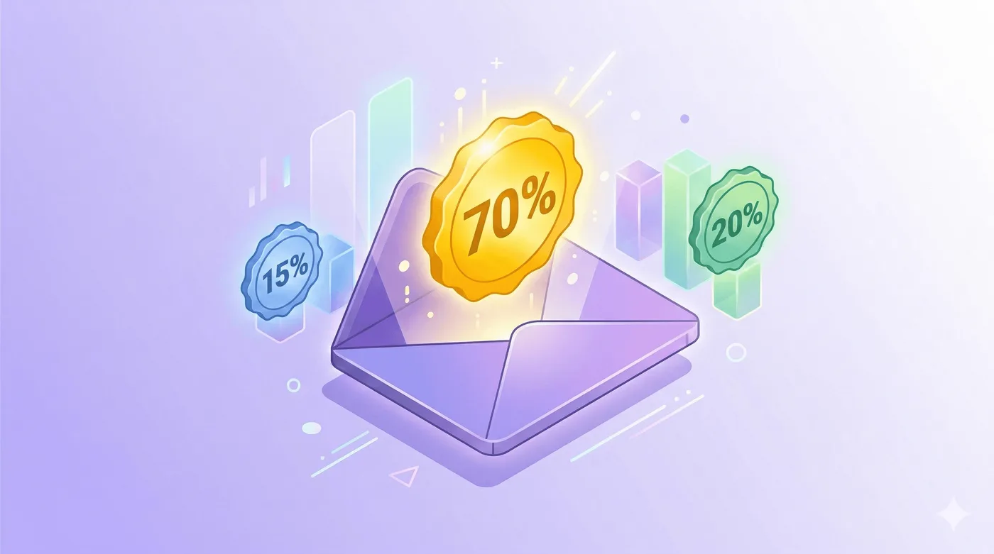 Ilustración de estilo infográfico de un sobre de correo que se abre, con un distintivo luminoso del 70 % flotando encima. Alrededor del sobre aparecen distintivos más pequeños y tenues del 15 % y el 20 %, que representan otros tipos de correo. Elementos de un gráfico de barras al fondo muestran sutilmente la comparación. Sombras moradas suaves, diseño isométrico limpio y fondo con degradado de lavanda a blanco. Sin etiquetas de texto. Relación de aspecto 16:9.