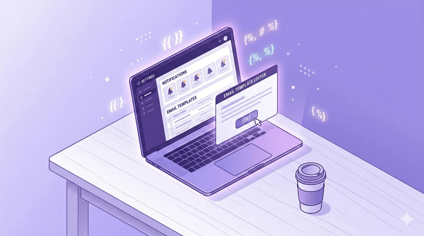 Ilustración minimalista de la pantalla de un portátil con un panel de configuración, iconos de notificaciones y un editor de plantillas de correo. Un cursor señala un botón de «Editar». Pequeños símbolos de código Liquid {{ }} flotan discretamente alrededor de la pantalla. Espacio de trabajo ordenado con una taza de café junto al portátil. Iluminación ambiental morada suave, escritorio blanco y estilo de ilustración plana moderna. Sin texto. Relación de aspecto 16:9.