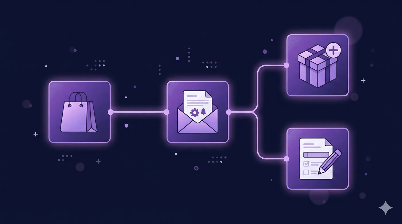 Ilustración de un diagrama de flujo con un evento desencadenante (icono de bolsa de compras) conectado mediante flechas a un bloque de correo. Después, el flujo se divide en dos rutas: una lleva a un icono de oferta adicional (regalo con símbolo de suma) y la otra a un icono de edición (lápiz sobre un pedido). Los nodos y conectores forman un diseño limpio de automatización. Nodos con degradado morado sobre fondo azul marino oscuro y líneas de conexión con un brillo suave. Estilo moderno y geométrico. Sin texto. Relación de aspecto 16:9.