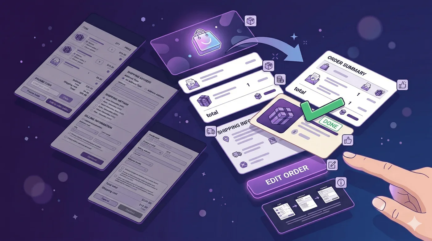 Ilustración de primer plano de un correo en la pantalla de un teléfono. Arriba aparece un resumen del pedido y, debajo, una tarjeta de producto destacada con un botón prominente de «Añadir a mi pedido». Un dedo está a punto de pulsarlo. Destellos sutiles alrededor del botón sugieren facilidad de uso. Botón y elementos destacados en tonos morados. Fondo blanco del correo con un suave resplandor lavanda alrededor. Estilo de ilustración de interfaz moderna. Sin texto. Relación de aspecto 4:5.
