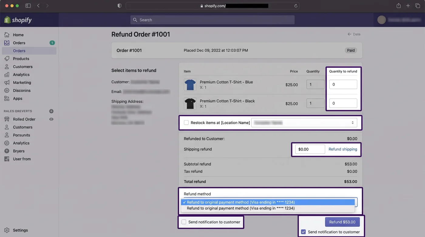 Controlli di Shopify Admin per un rimborso parziale dell’ordine