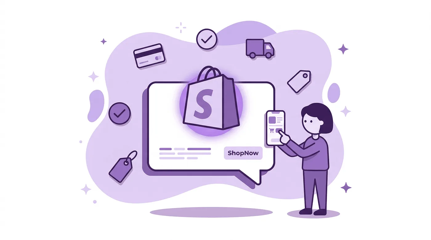 Flache violette Vektorillustration einer großen Sprechblase, aus der eine leuchtende Shopify-Einkaufstasche auftaucht. Um sie herum schweben E-Commerce-Symbole wie Kreditkarte, Häkchen, Lieferwagen und Preisschild. Daneben steht eine vereinfachte Person, die vor einem weißen Hintergrund mit weichen violetten Formen und funkelnden Elementen auf ein Smartphone tippt.