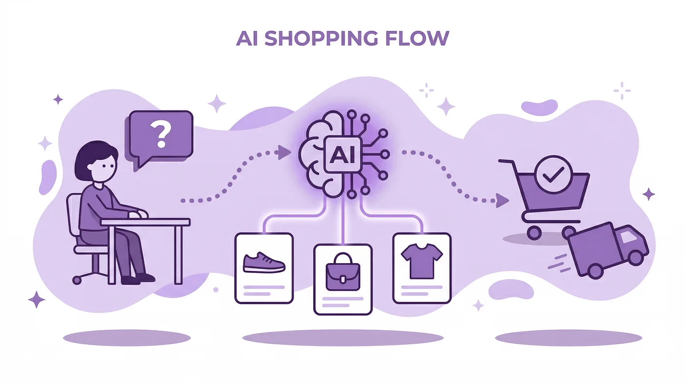 Flaches violettes Vektor-Flussdiagramm zum Einkauf mit KI von links nach rechts: Eine Person stellt eine Frage, ein KI-Gehirn verbindet sich mit Produktkarten und anschließend folgt ein Shopify-Checkout mit einem abfahrenden Lieferwagen. Gepunktete Pfeile, funkelnde Elemente und weiche violette Hintergrundformen verdeutlichen die einzelnen Schritte.