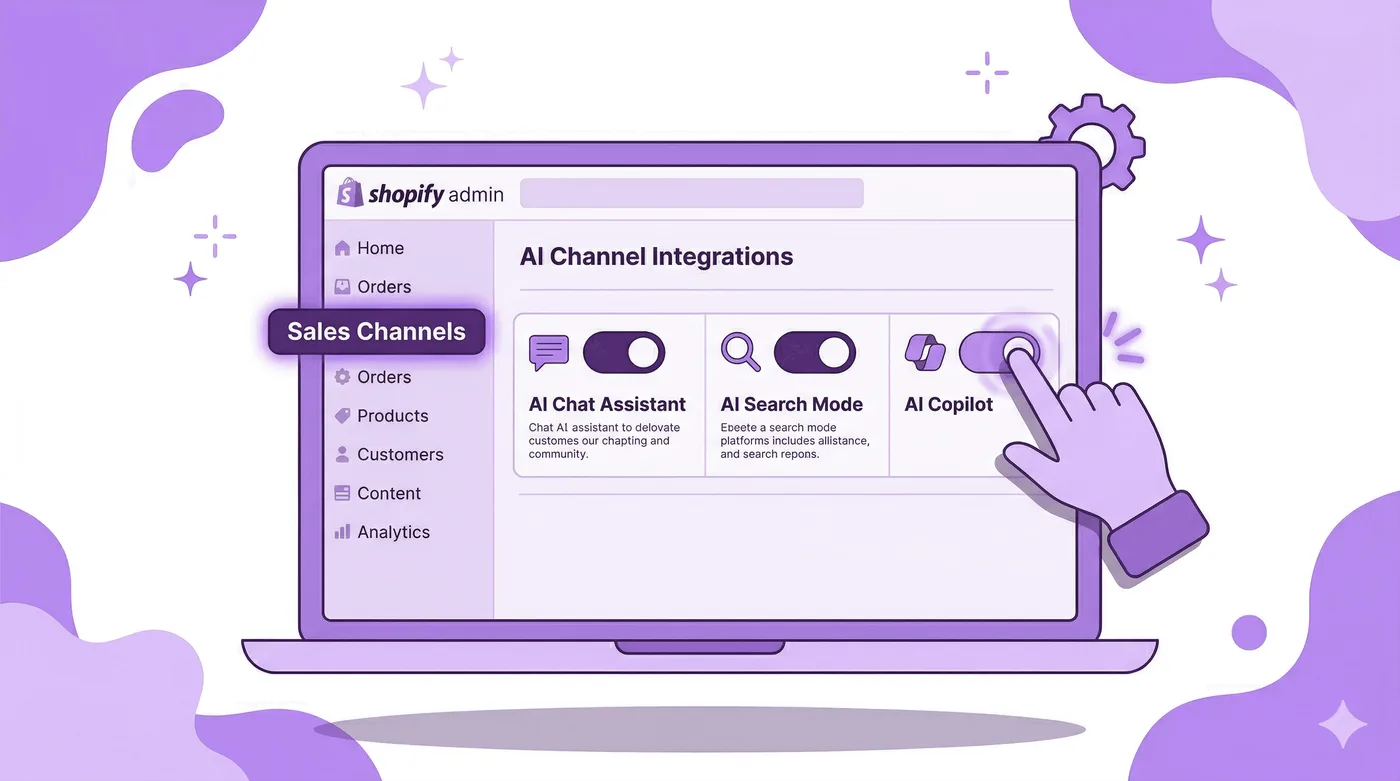 Flache violette Vektorillustration eines schwebenden Laptops mit einem vereinfachten Shopify Admin-Dashboard. In der Seitenleiste ist „Sales Channels“ hervorgehoben. Auf dem Bildschirm sind drei Schalter für KI-Plattformen zu sehen; zwei sind bereits eingeschaltet und eine Hand aktiviert den dritten. Darüber schwebt ein Zahnrad.