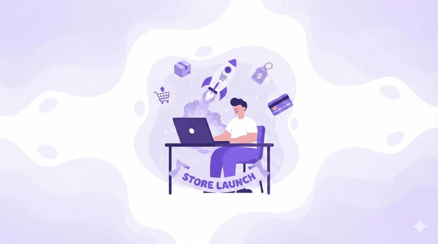 Ilustración moderna de estilo plano en un lienzo de 1600x900 que muestra a una persona sentada ante un escritorio con una computadora portátil. De la computadora despega un cohete con el icono de un carrito de compras, que simboliza el lanzamiento de una tienda online. Alrededor aparecen iconos de un paquete, una etiqueta de precio, una tarjeta de crédito y un carrito. La paleta combina morado y blanco con degradados suaves.