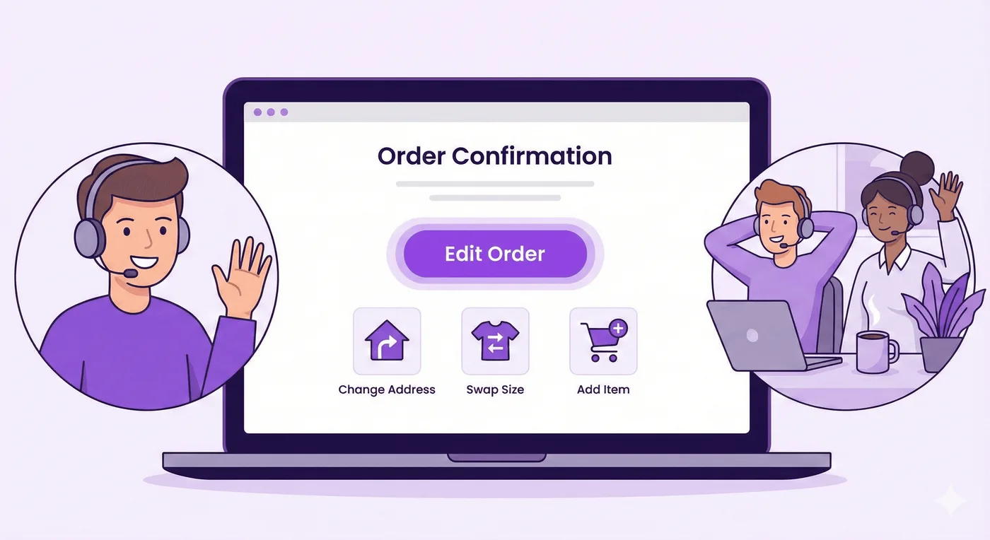 Ilustración de una página de confirmación de pedido diseñada para el autoservicio. Un botón morado de «Editar pedido» brilla para llamar la atención y está rodeado de iconos de «Cambiar dirección», «Cambiar talla» y «Añadir artículo». A un lado aparece un cliente satisfecho y, al otro, una persona del equipo de atención al cliente relajada y sonriente.