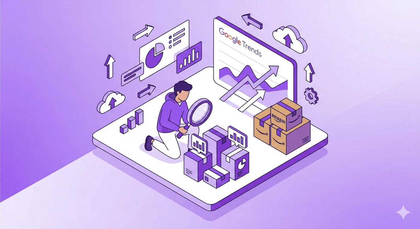 Ilustración isométrica de una persona que examina cajas de productos con una gran lupa. Al fondo aparecen un gráfico de líneas de Google Trends y cajas de envío similares a las de Amazon. Los elementos de visualización de datos y la combinación de morado y blanco le dan un aspecto moderno y analítico.