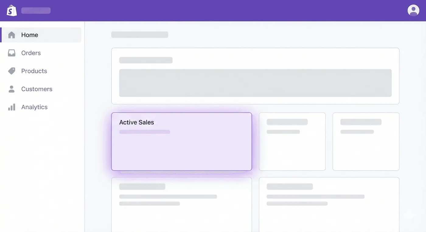 Representación sencilla y minimalista de la interfaz de Shopify Admin. Incluye una barra superior morada y un menú lateral con bloques que representan Inicio, Pedidos, Productos, Clientes e Informes y estadísticas. Una zona del panel de control está resaltada con un suave resplandor morado.